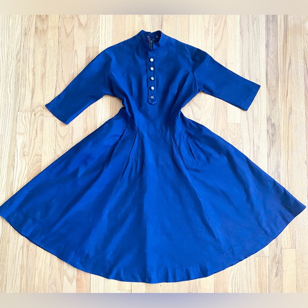 Vintage 60s DEEDS Day Dress *Size 11* Navy Blur Circle-Skirted Cotton Midi Dress